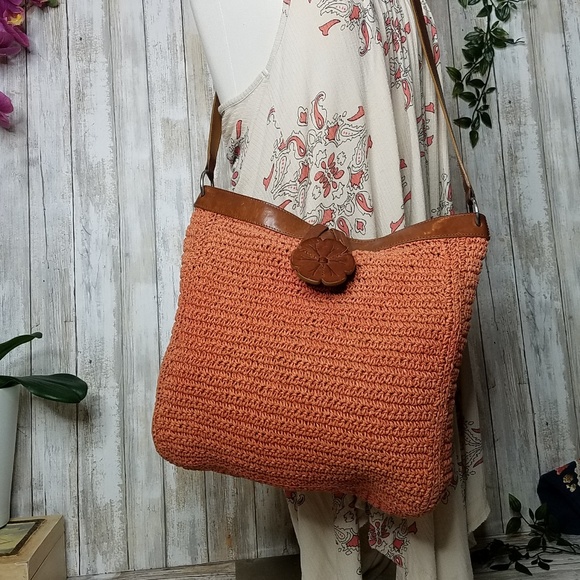Fossil Handbags - Fossil Coral vintage Crochet straw crossbody bag